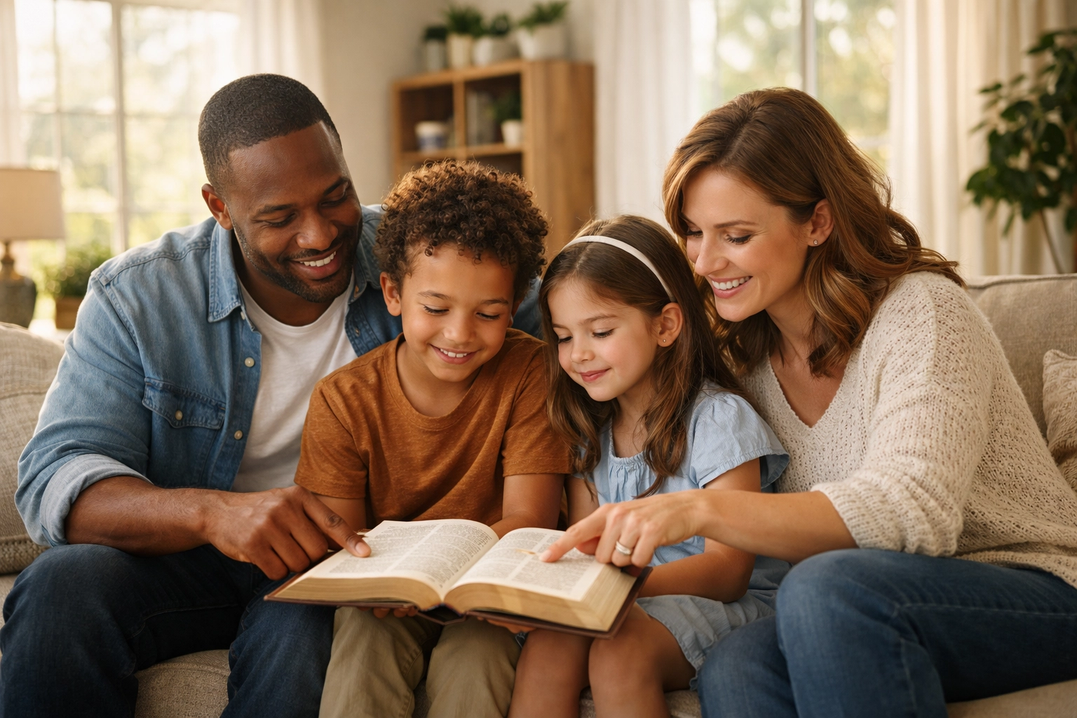 A family reading the Holy Bible together in a bright living room, symbolizing spiritual clarity and peace.