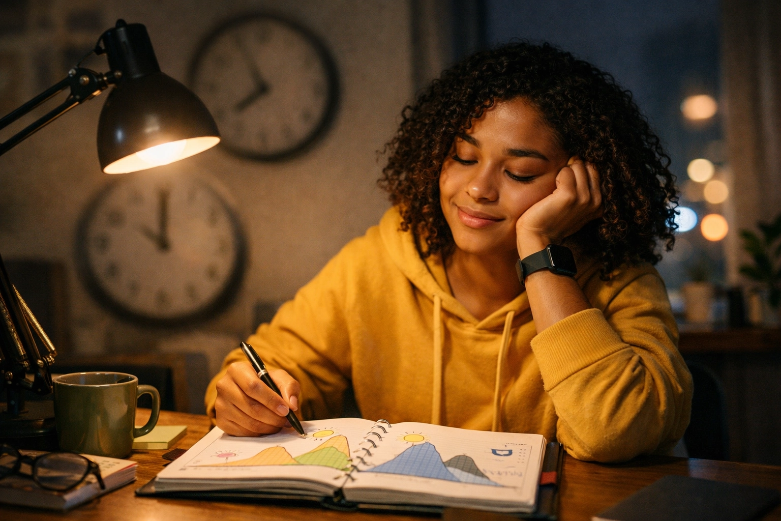 A young adult working gently at night under a desk lamp with an open planner, illustrating honoring natural energy rhythms instead of forcing a 9–5.