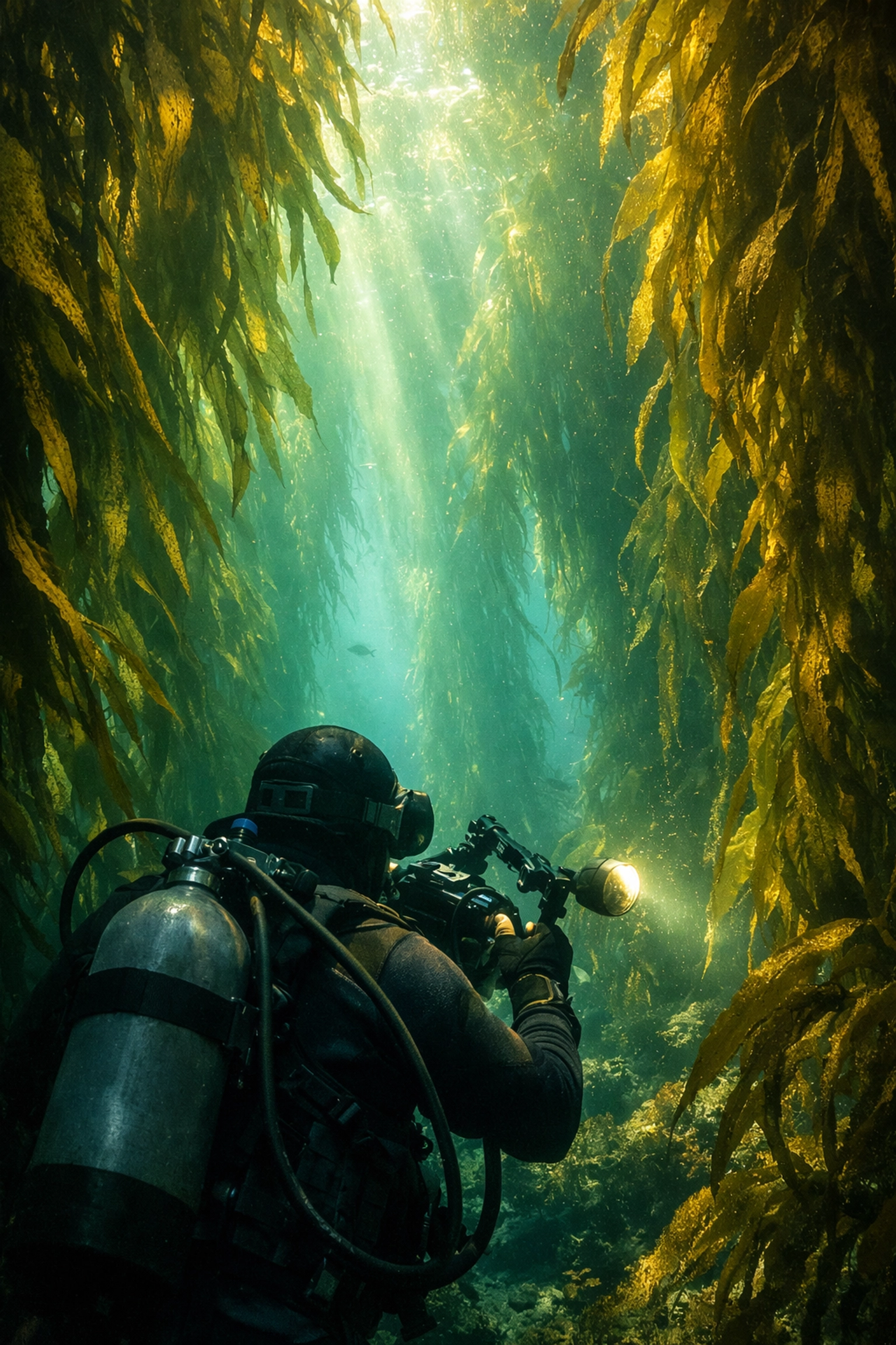 Marine biologist diving in kelp forest conducting underwater research