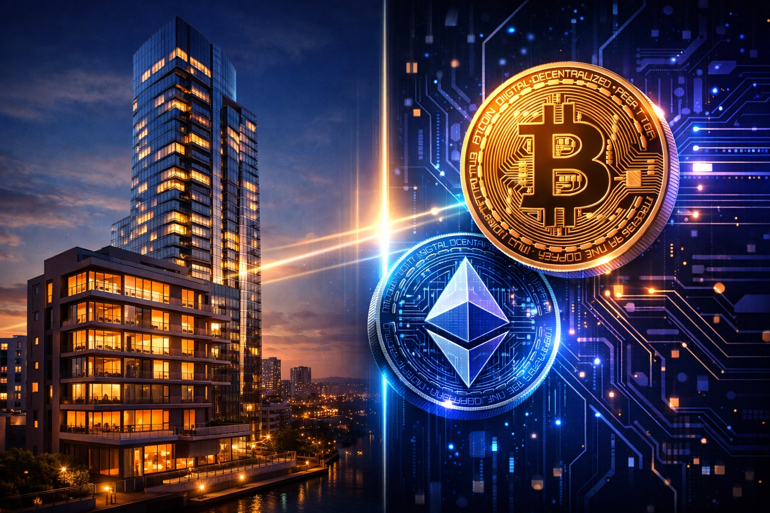 Real estate buildings and cryptocurrency coins connected showing portfolio diversification strategy