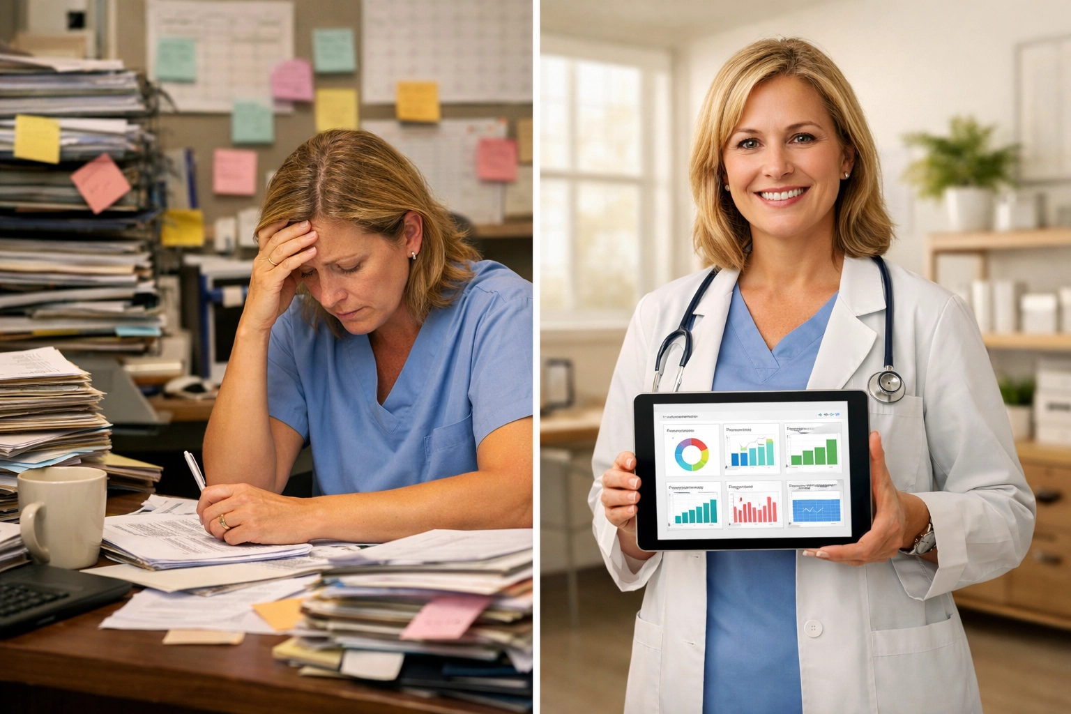 Contrast between chaotic healthcare practice office and organized efficient workspace with systems