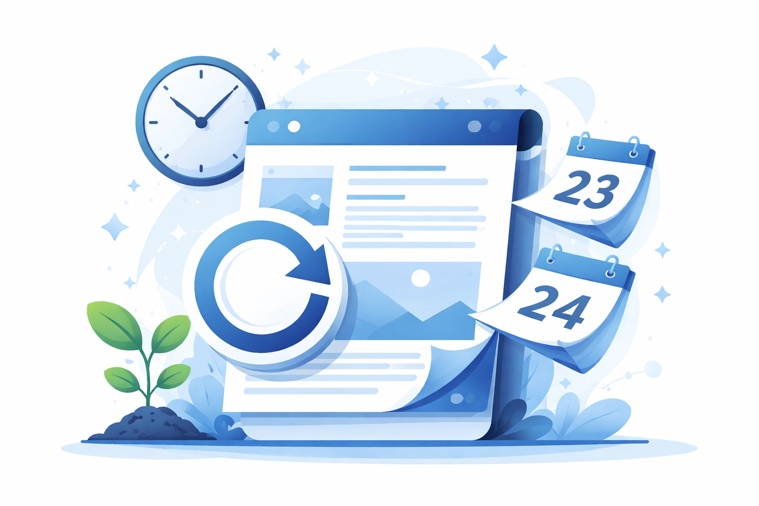 Visual of updating content with flipping calendar pages and a sprouting plant, representing SEO content freshness and renewal