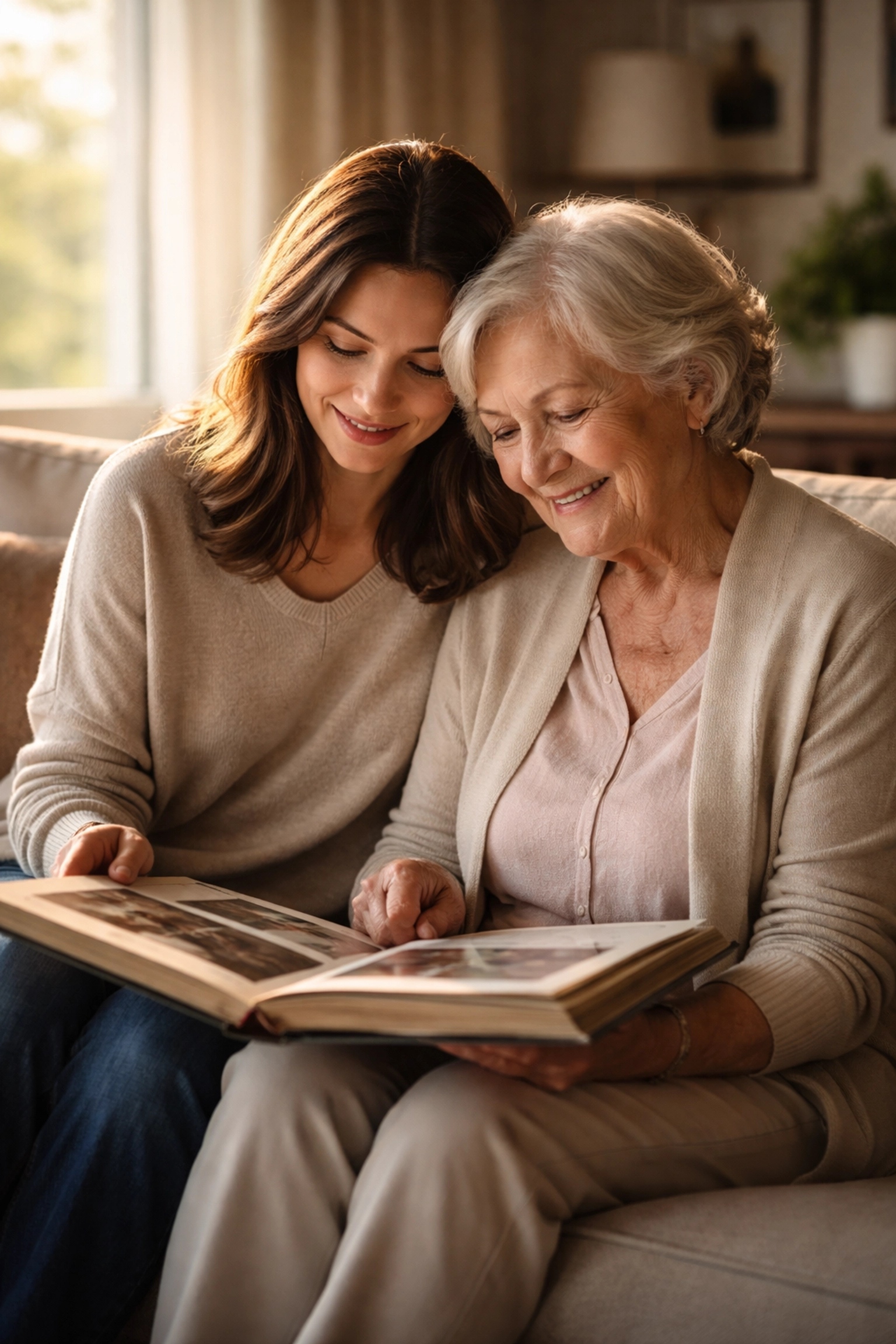 Adult daughter and elderly mother in Columbus looking at a photo album together during a supportive downsizing process