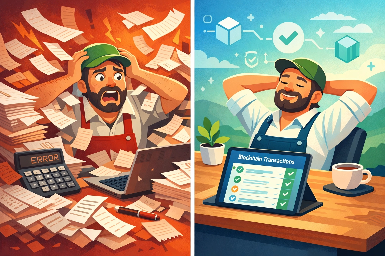 Comparison of traditional paper accounting chaos versus simplified blockchain transaction management