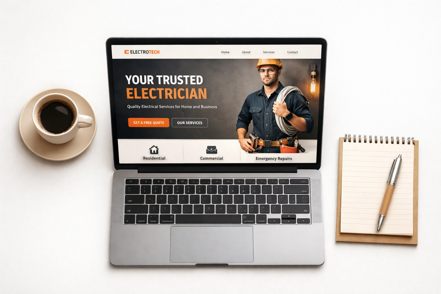 Professional electrician website design displayed on laptop for lead generation