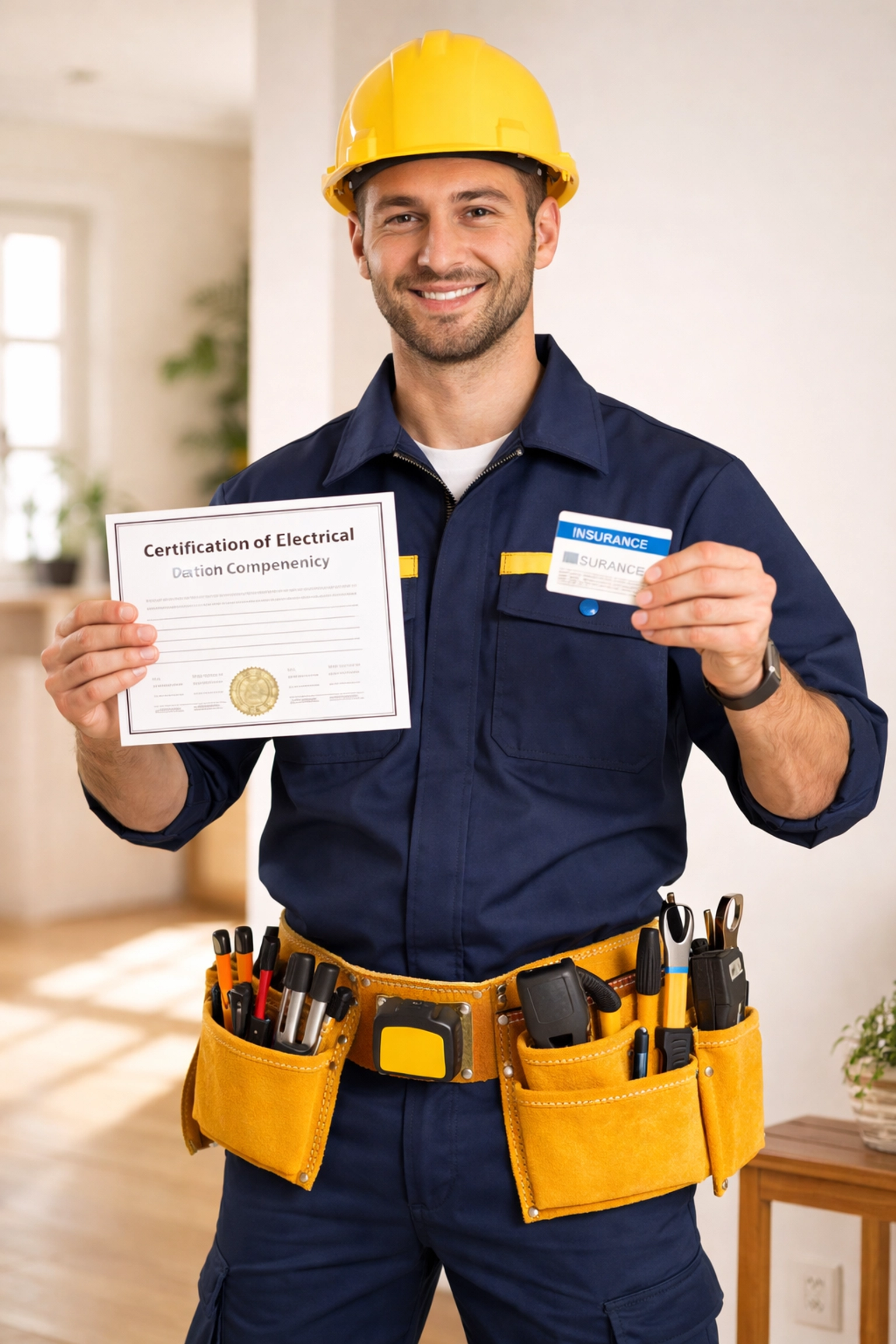 Licensed electrician in Tuscaloosa showing certifications and insurance in a bright home setting