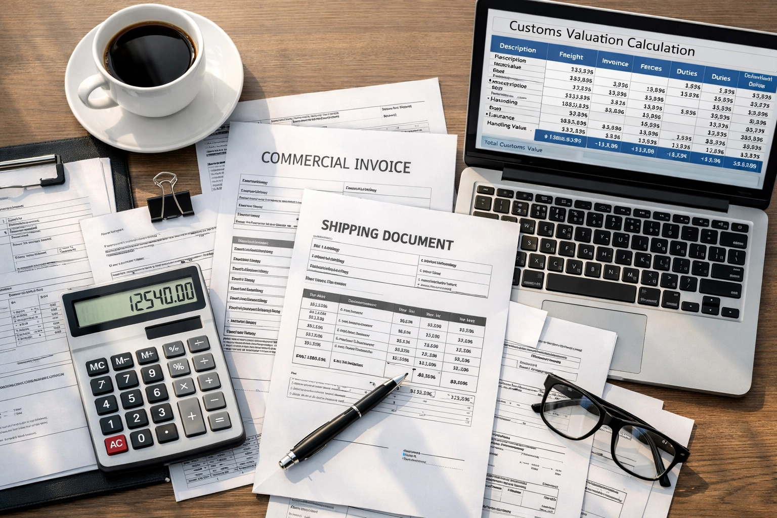 Customs valuation documents with calculator and invoices for UK import duties