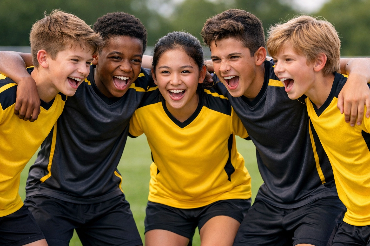Young soccer team in professional custom jerseys huddling on a field, representing high-quality youth sports branding.