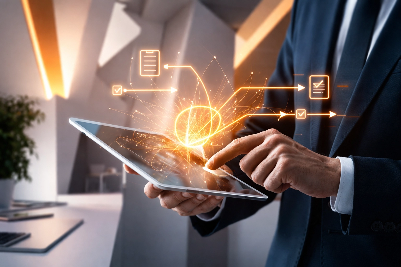 Business executive using digital tablet with AI elements, highlighting efficiency in M&A due diligence processes