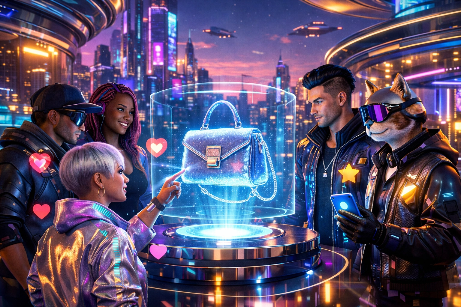 Avatars interacting with holographic fashion in a social metaverse shopping hub powered by Larecoin.ai