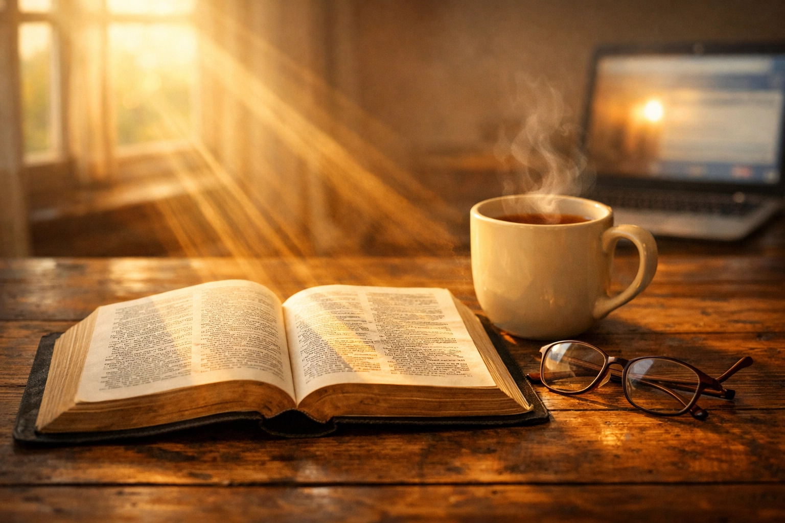Open Bible with morning light showing biblical approach to staying informed with peace