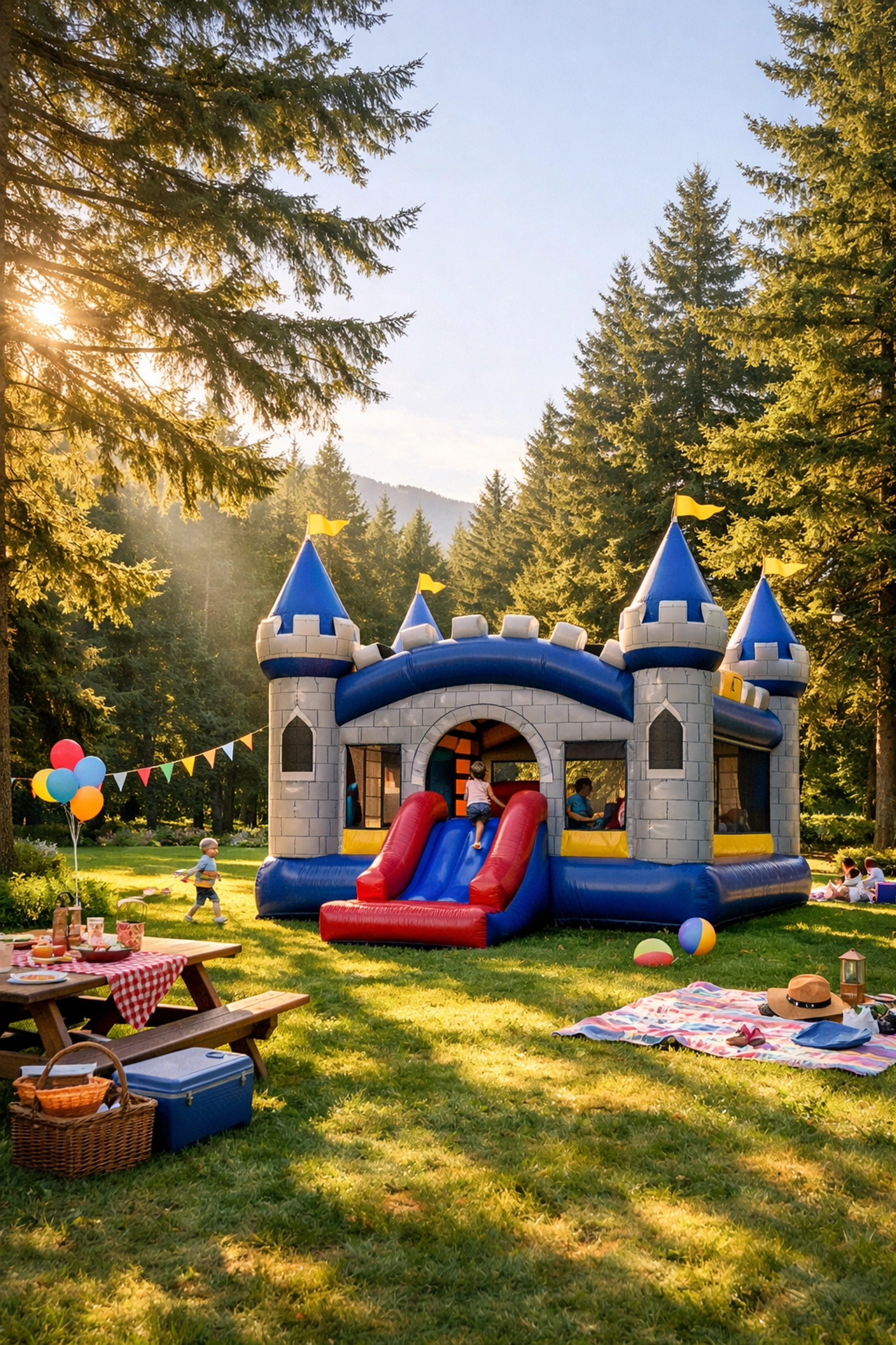 Inflatable bounce house rental set up in a scenic Comox Valley park surrounded by evergreen trees.