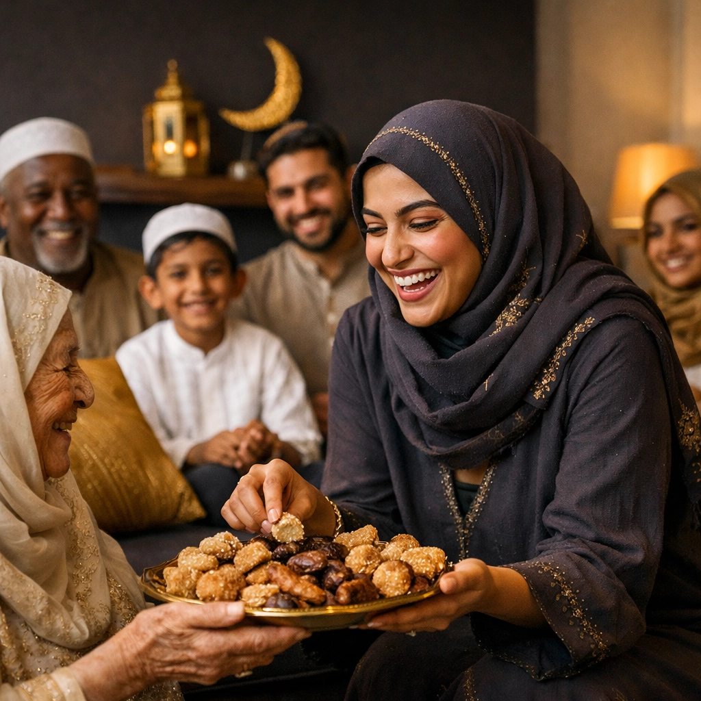 Diverse Muslim family celebrating Eid in a Bay Area home, reflecting community impact and cultural inclusion.