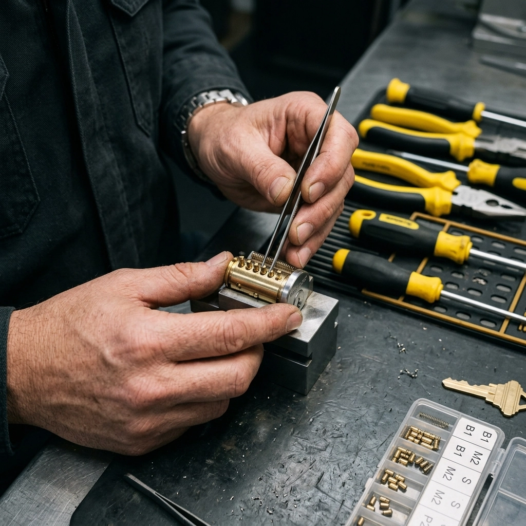 Close-up of a professional locksmith re-keying a residential lock cylinder with precision pins.