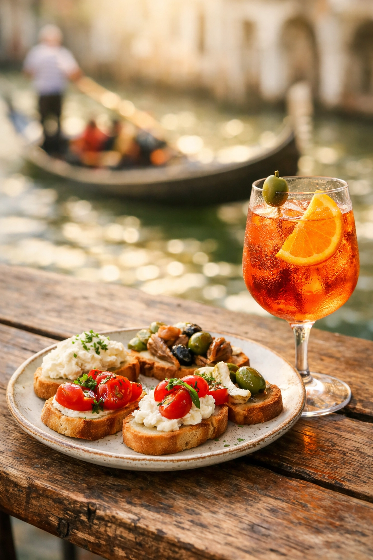 Venetian Cicchetti and an Aperol Spritz by a canal, perfect for lifestyle shots and travel photography tips.