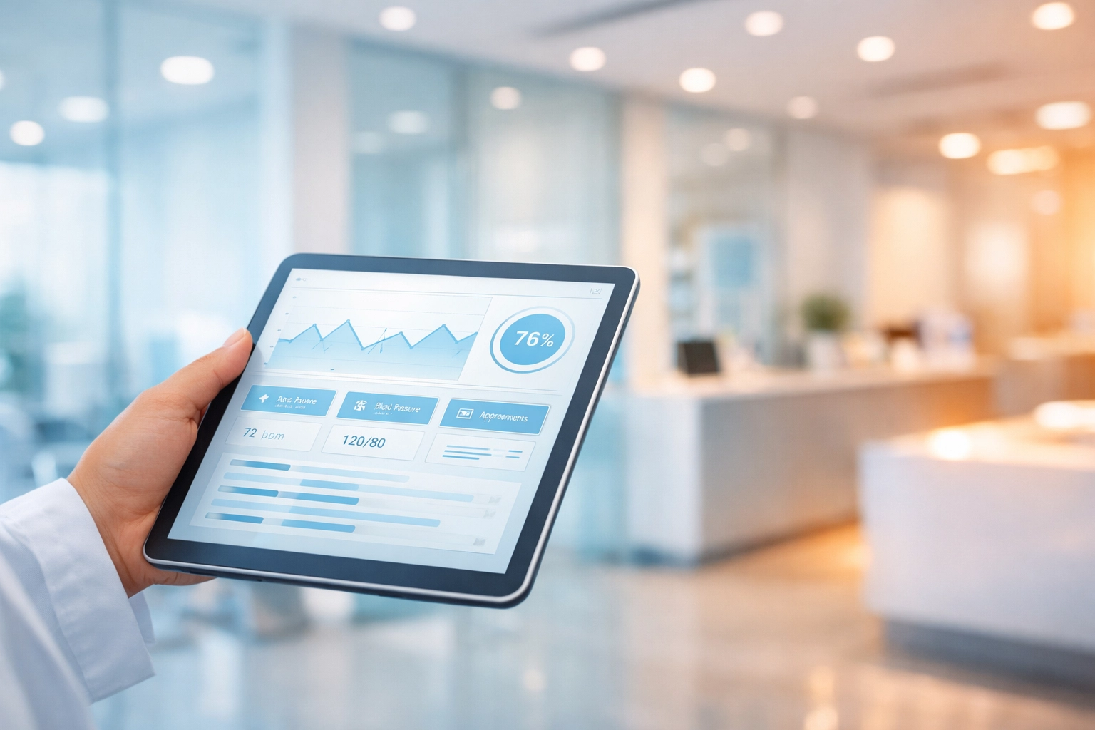 Healthcare professional using a tablet for HIPAA documentation in a modern medical clinic reception area.