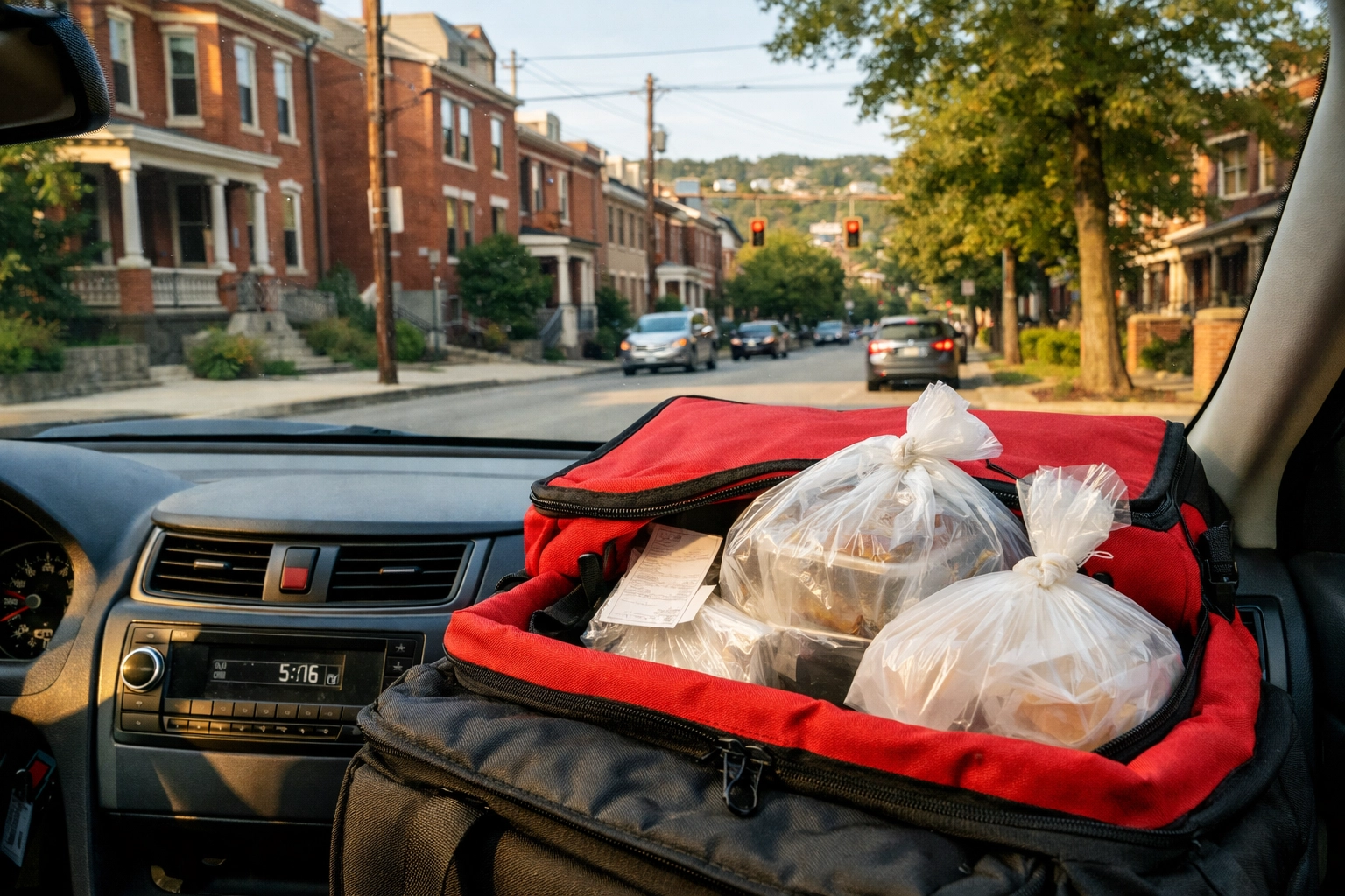Restaurant food delivery driver with insulated bags on Cincinnati residential street