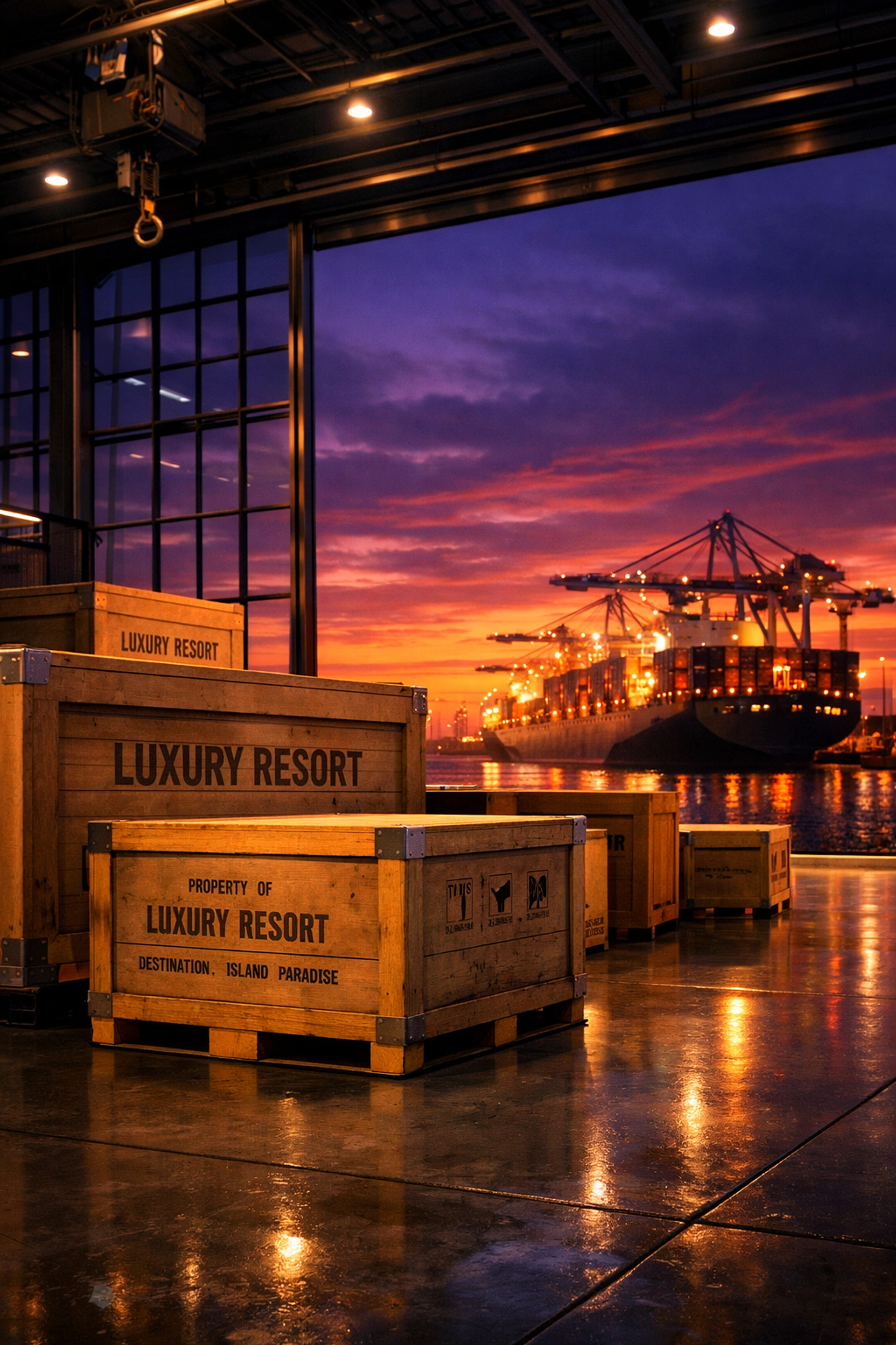 FF&E logistics hub with crates ready for shipping to a luxury resort hospitality project.