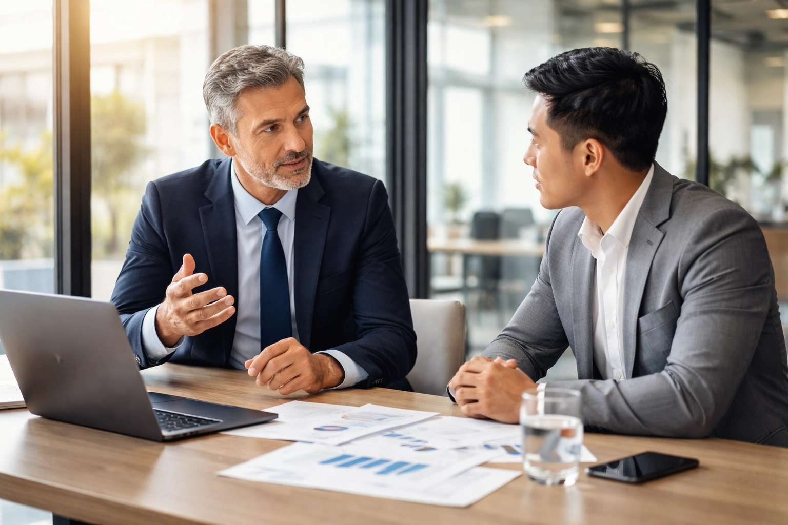 Two professionals in a modern conference room discussing financial strategy, highlighting partnership in high-stakes business decision-making.