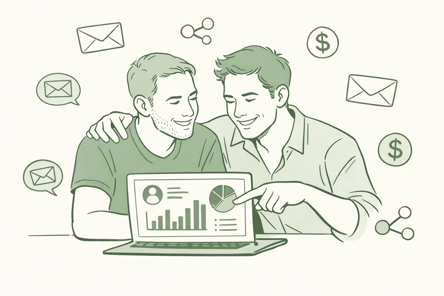 LGBTQ+ authors reviewing customer analytics and data ownership on laptop