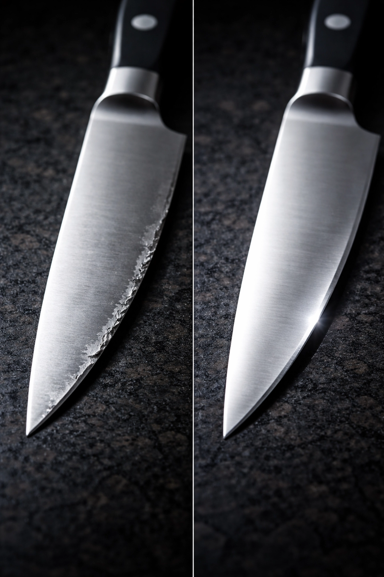 Before and after comparison of kitchen knives showing amateur versus professional sharpening results on granite.