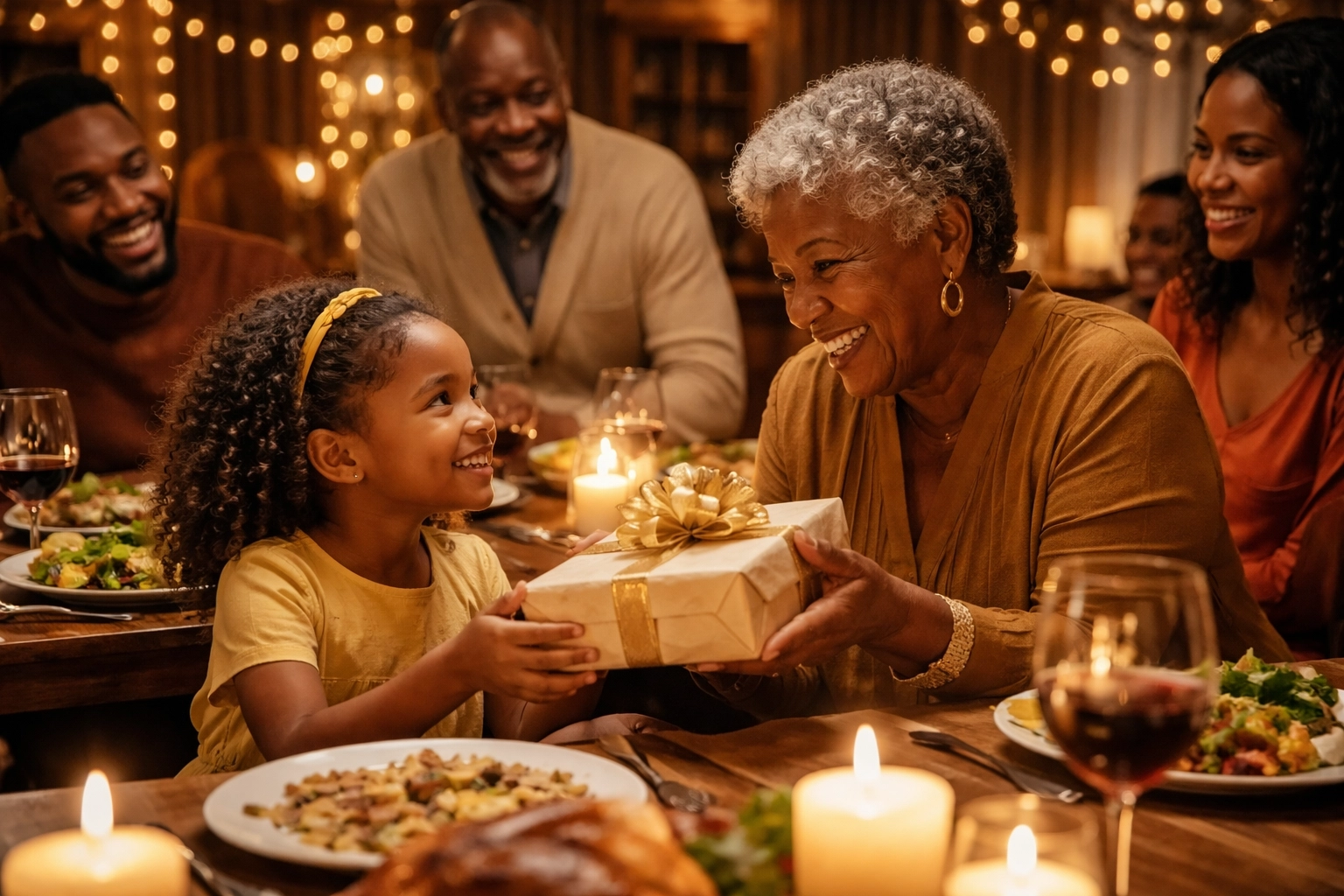 Black Wall Street's Legacy Matters: How to Buy Black and Build Community Wealth Today Multigenerational Black family celebrating around a table, illustrating building Black generational wealth