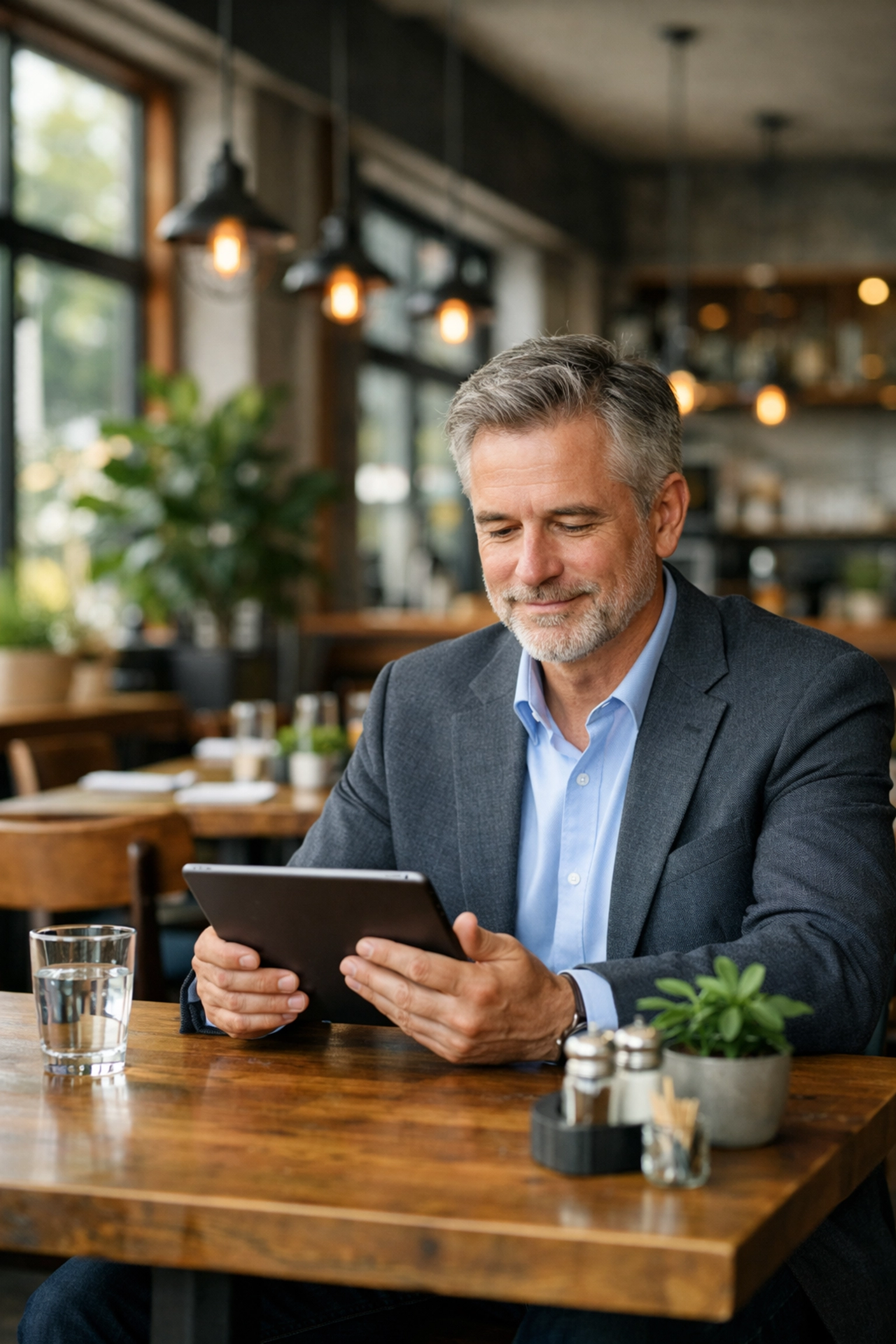 Restaurant owner in a Washington bistro reviewing workers' comp compliance documents on a tablet.
