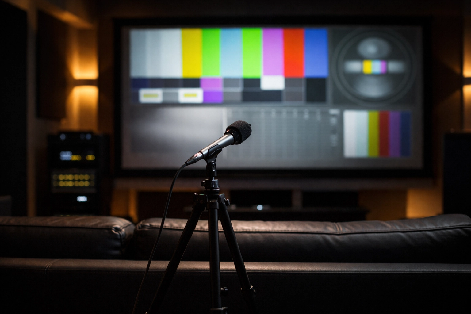 Home theater audio calibration with microphone and test patterns to optimize sound and picture