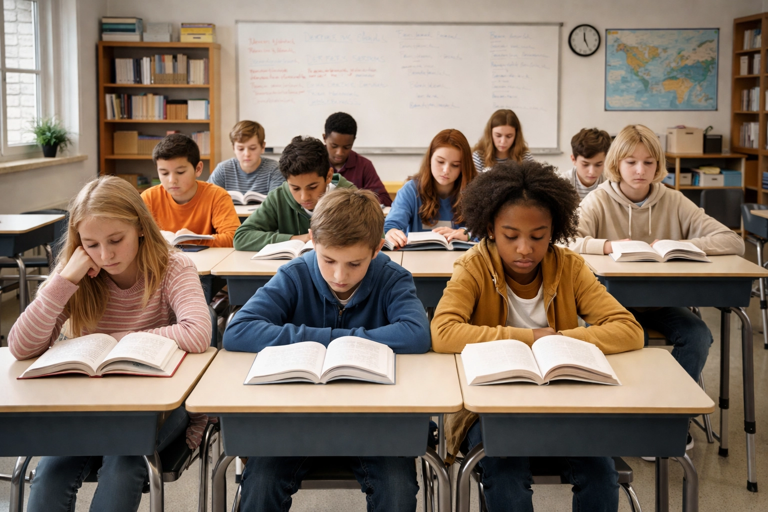 Middle school students in a traditional classroom with identical desks, highlighting lack of differentiation in education.