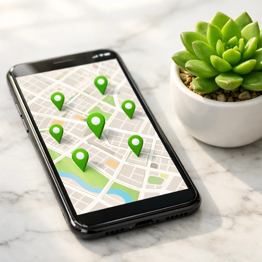 Smartphone displaying local search results and map pins to improve local business website visibility.