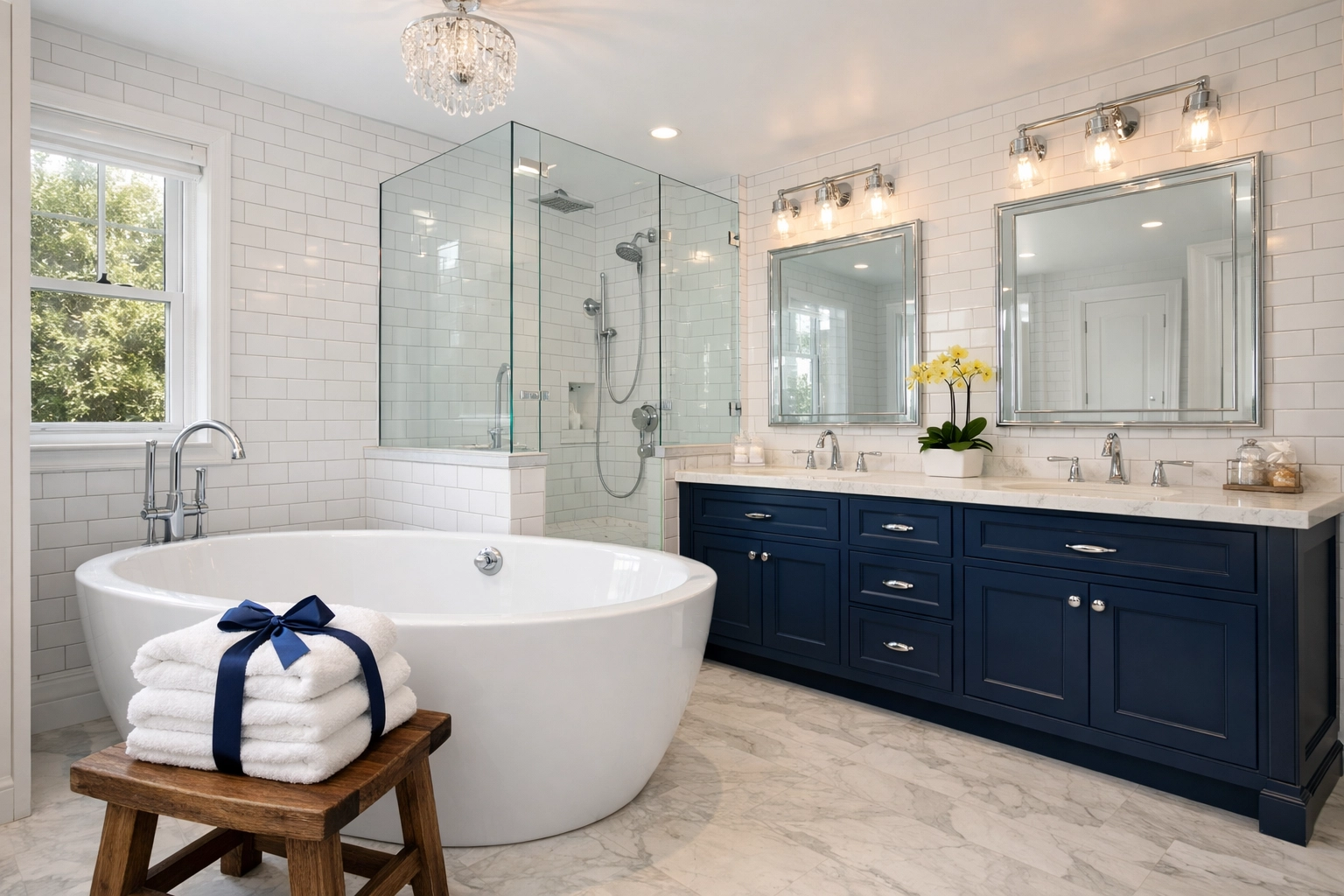 Sparkling clean master bathroom with white tiling and blue vanity, sanitized using non-toxic cleaning methods.