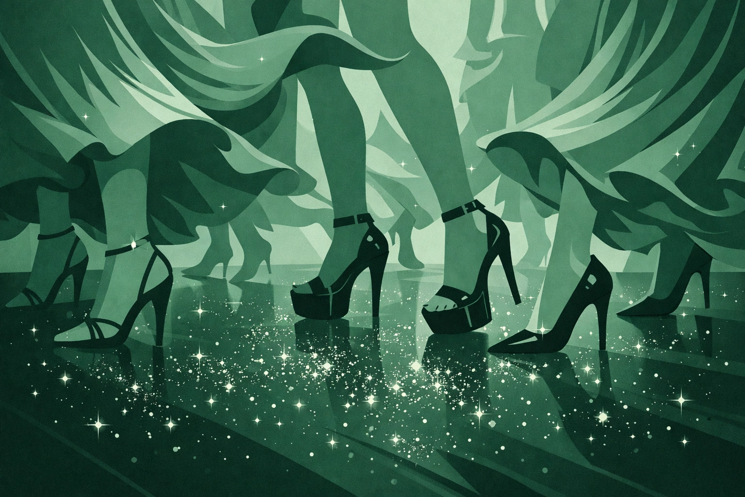 Dance floor with high heels and glitter during LGBTQ+ drag night celebration