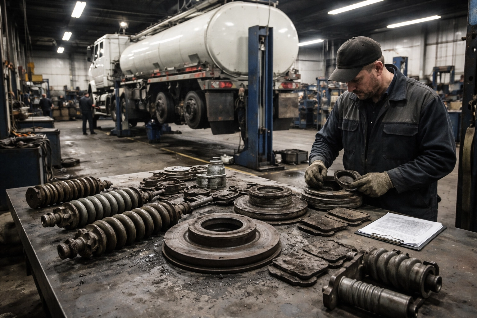 Fleet maintenance garage with a tanker truck on a lift, mechanic examining worn parts from surge-related equipment wear.