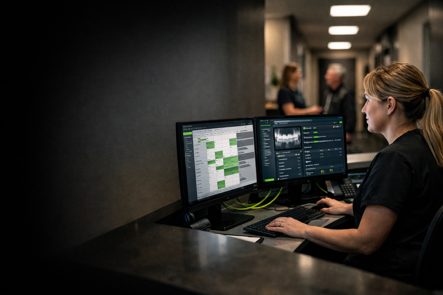 Healthcare administrator in an Omaha clinic using secure cybersecurity services to protect patient data.