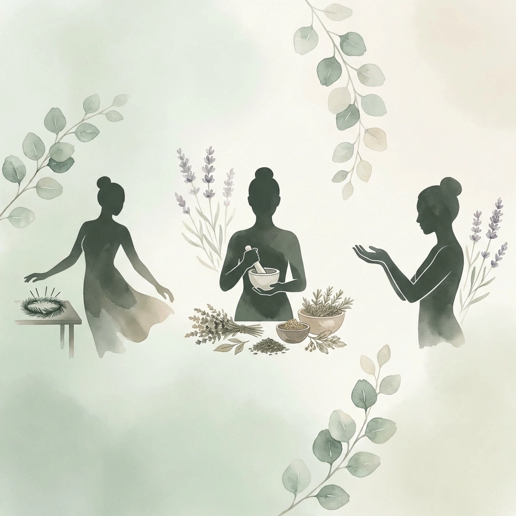 Minimalistic silhouettes of three holistic wellness practitioners, representing diverse certified provider expertise in healthcare.