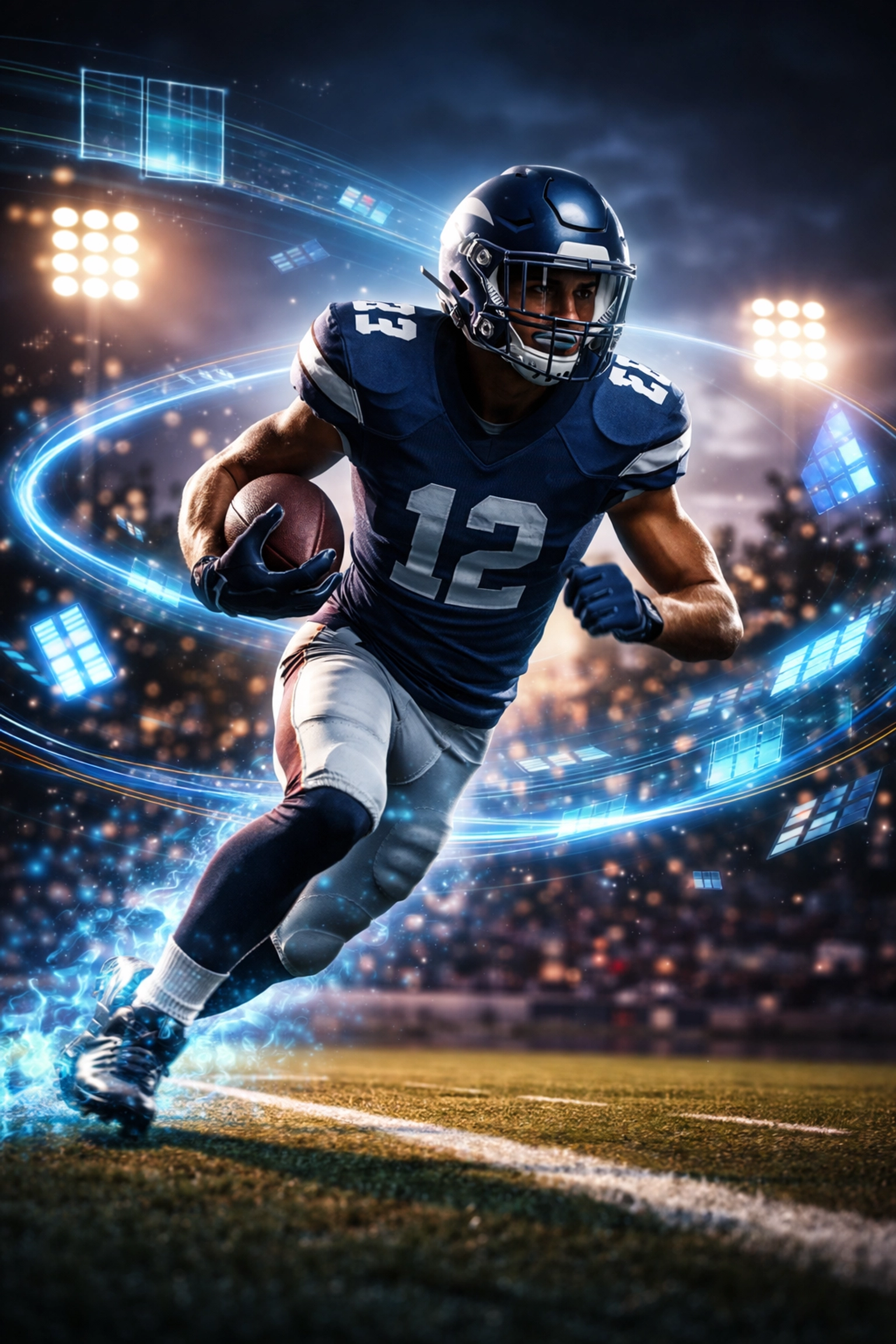 High school football player in action with digital AI effects, representing AI-powered highlight reels for recruiting.