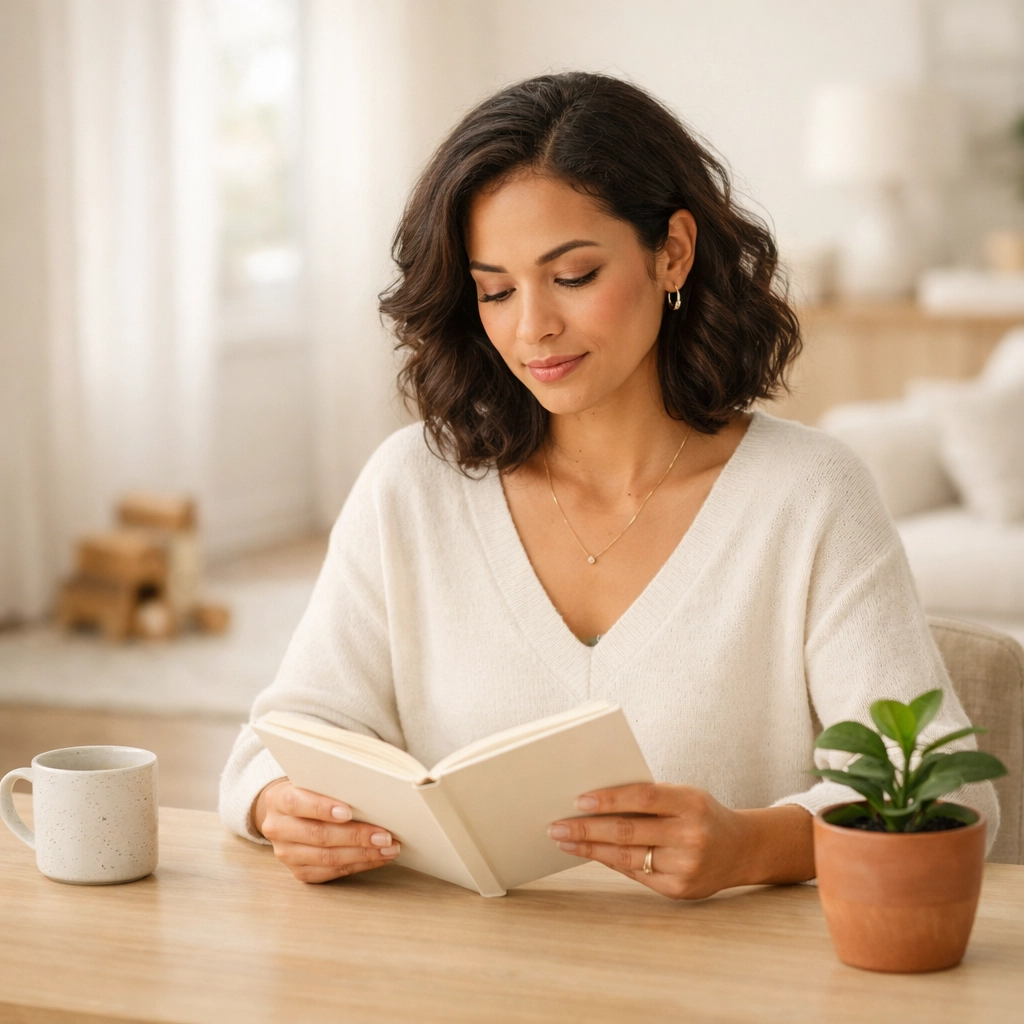 A calm mom entrepreneur at a minimalist desk, focusing on a structured plan for her sustainable online business.