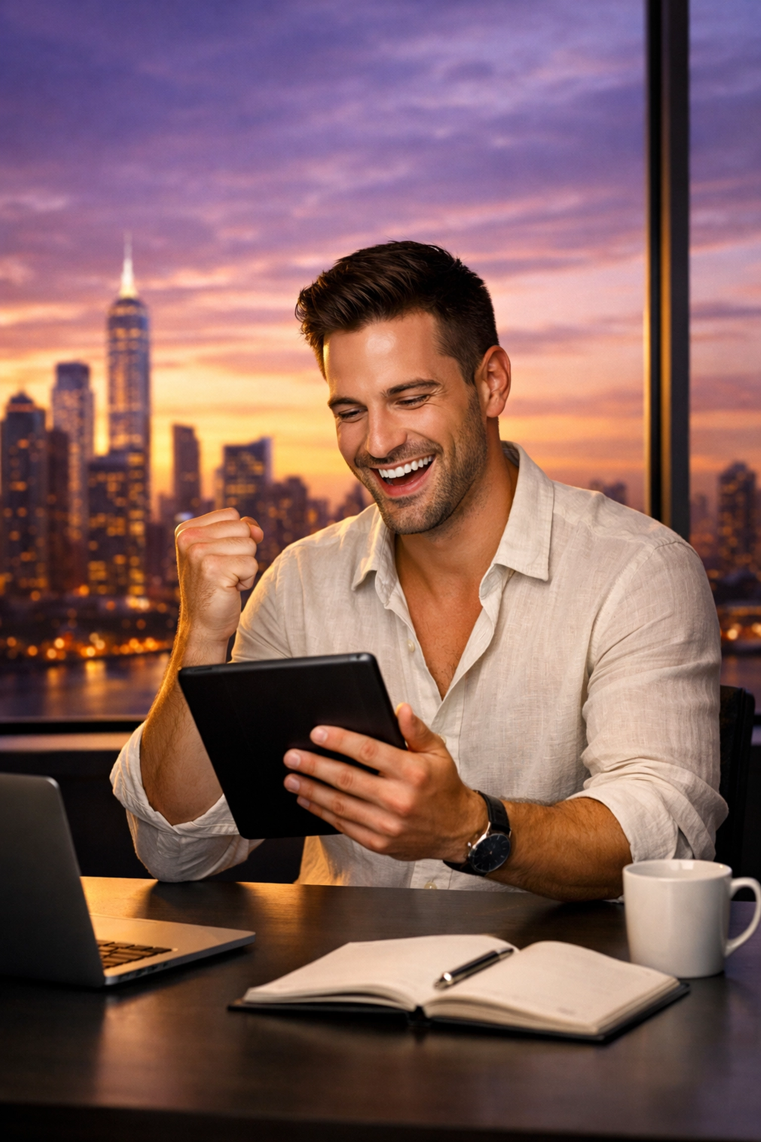 A successful gay author smiling at his tablet, celebrating high royalties and independent publishing growth in 2026.