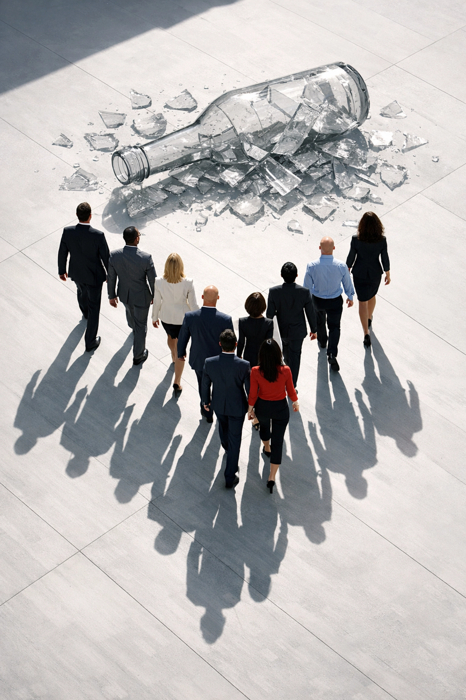 Aligned business team moving forward from a shattered bottle representing a solved operational bottleneck and efficiency.