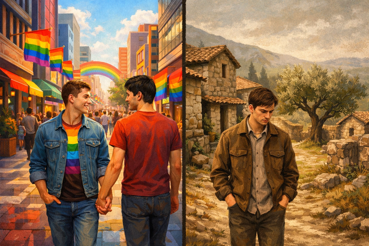 Urban versus rural gay life contrast showing LGBTQ+ experiences in Greek and Albanian cities and villages