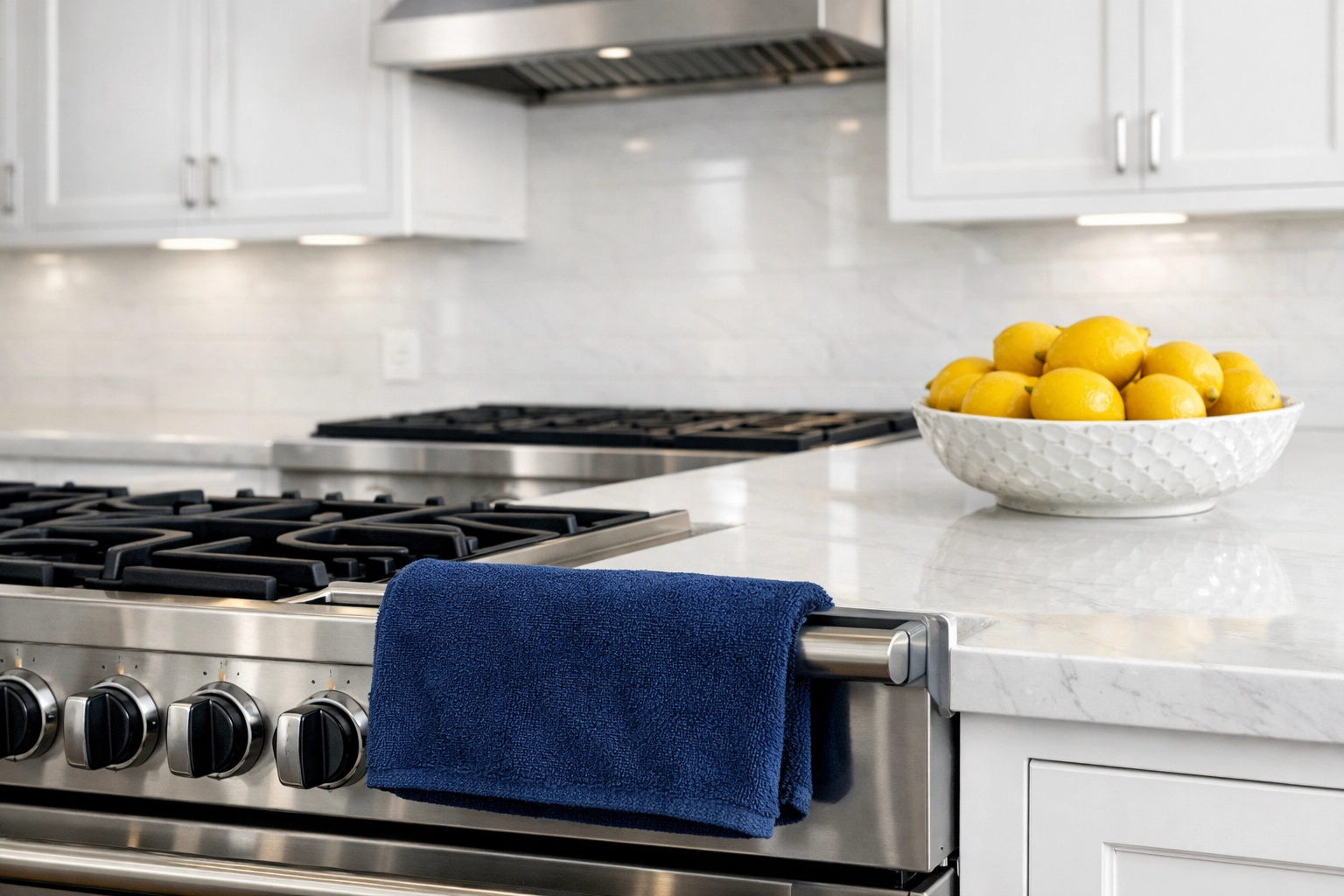 Deep cleaned modern kitchen with a sparkling stove and countertops for a Boston apartment turnover.