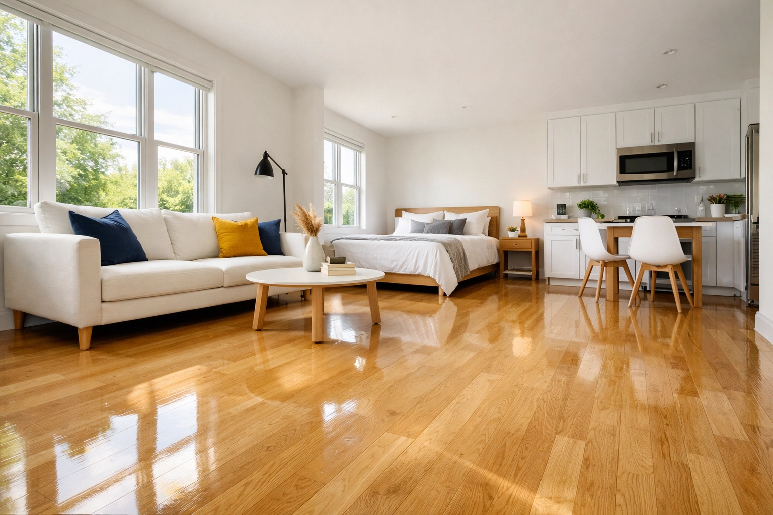 Clean studio apartment in Stow, MA featuring polished hardwood floors and minimalist decor.