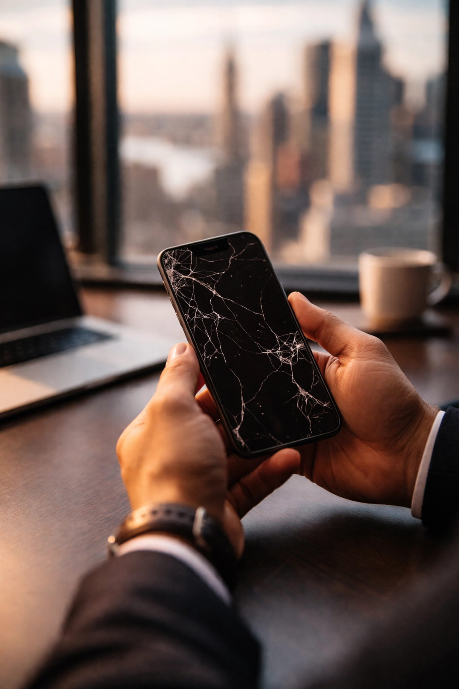 Close-up of hands holding a cracked iPhone on a desk with Manhattan skyline, highlighting convenient same-day repair in NYC.