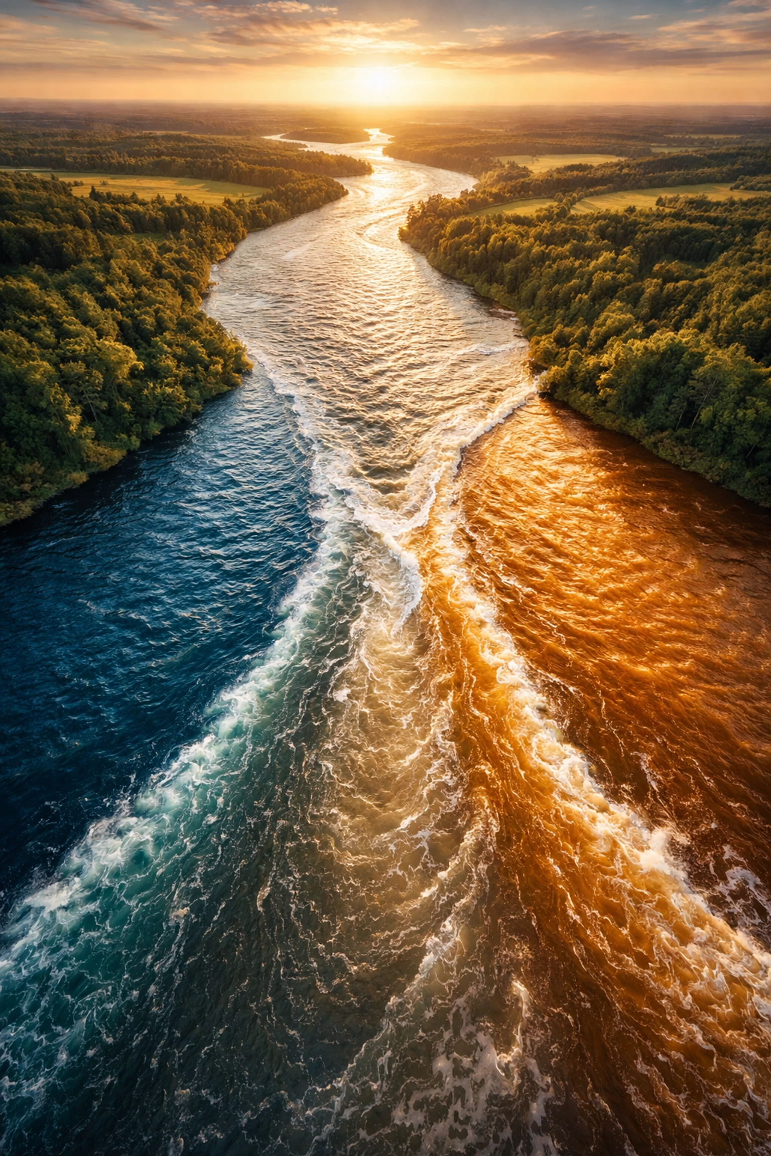 Aerial view of three rivers merging, symbolizing diversified portfolio streams in the 40/30/30 investment strategy