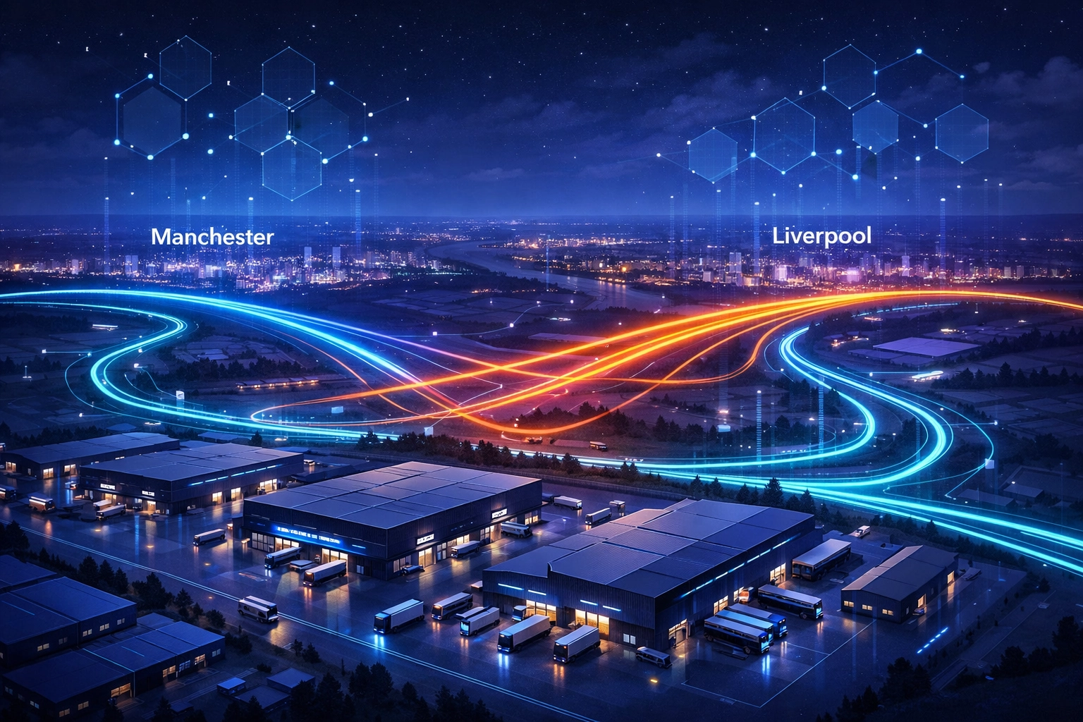 Illustration of a busy logistics hub in the North West connecting Manchester and Liverpool.