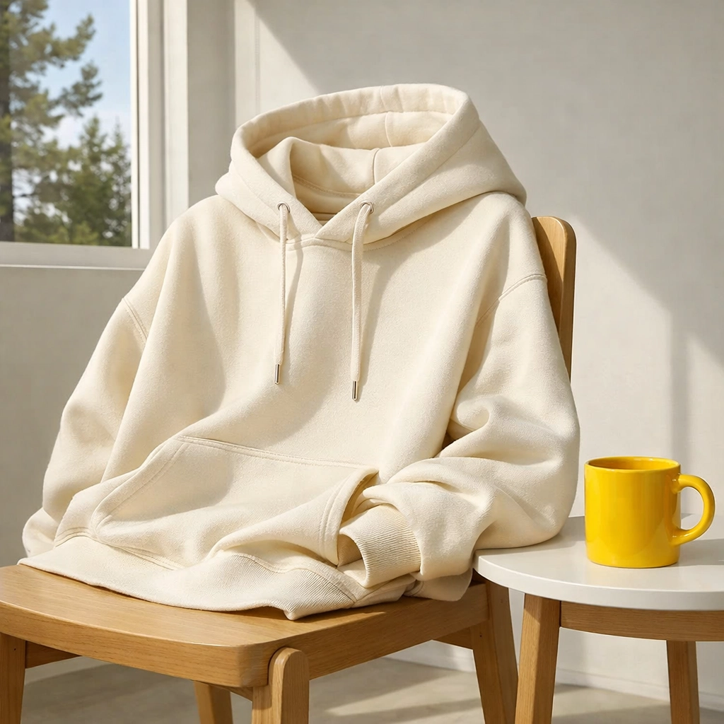 Premium heavyweight cream hoodie representing high-end boutique summer camp gear