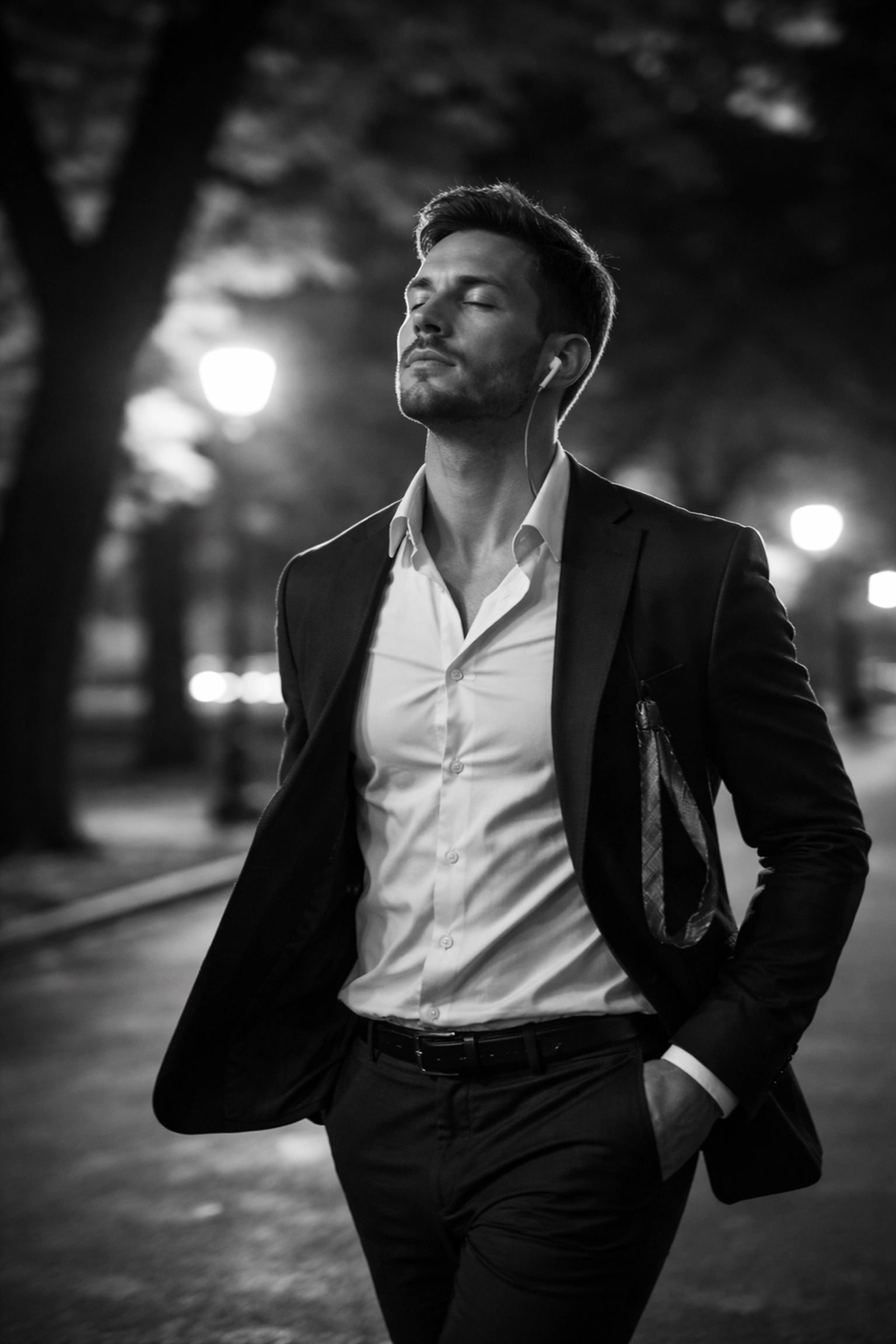 Man on an evening walk in the park, shifting from work stress to personal presence, demonstrating dating self-care