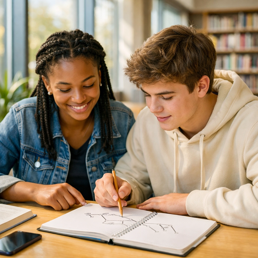 Students analyzing sentence structures for SAT writing practice in a sunny library.