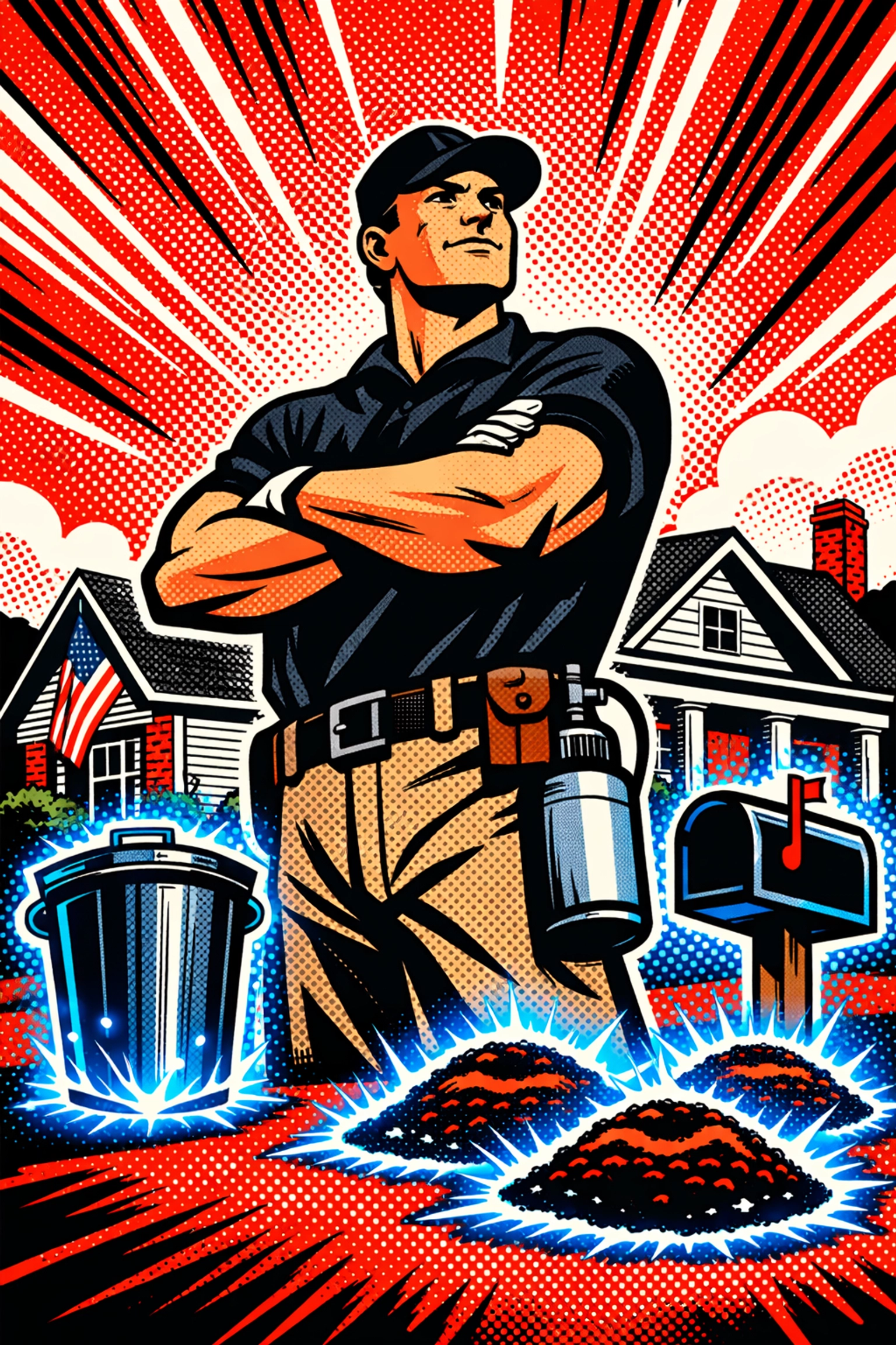 Professional pest control technician treating garbage cans, mailbox, and ant beds in yard