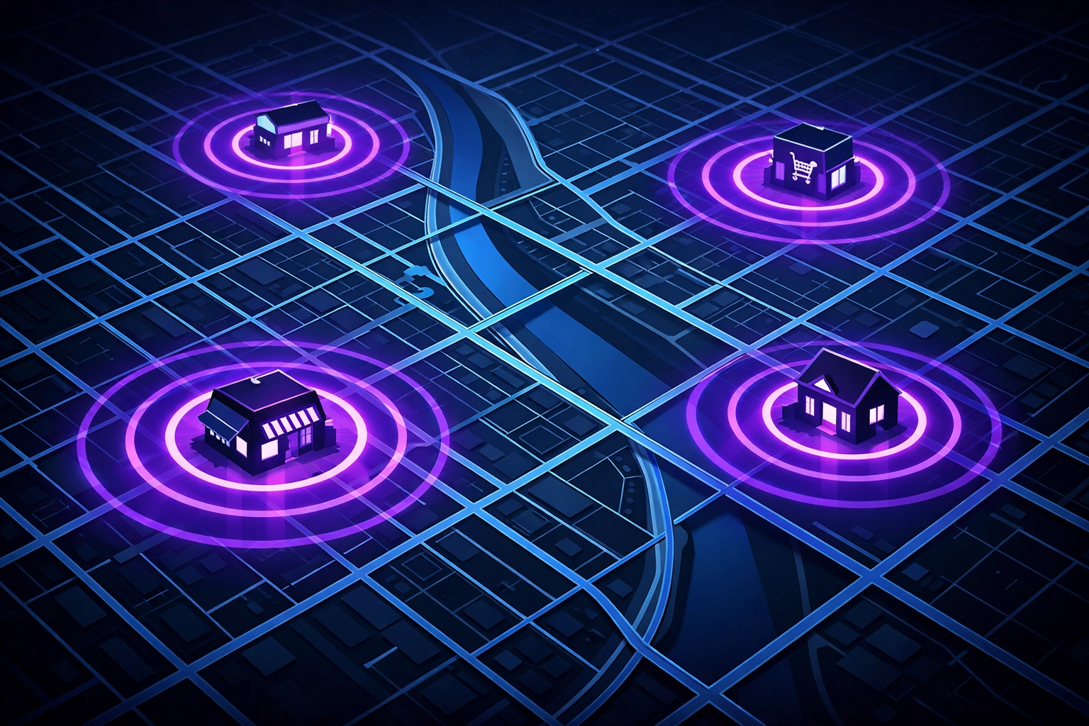 A neon digital city map with glowing pulse rings, illustrating hyperlocal SEO and local neighborhood targeting.